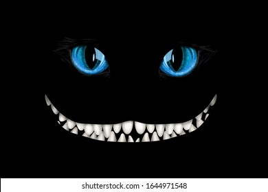 Mad Cheshire Smile And Eyes On Black Background. Deco Element, Card-, Flyer- Base, Clip Art