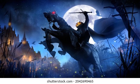 A mad rider with a pumpkin head, standing on the rears of a horse with red eyes, he swings a sword, against the background of a huge moon and beautiful landscapes of swamps and castles, 3d rendering