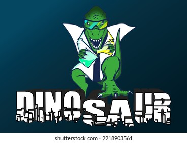 Mad Scientist Dinosaur Holding   Erlenmeyer Flask And Beaker