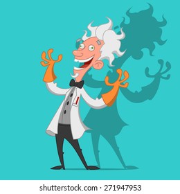 Mad Scientist Laughs Ominously. Raster Illustration.