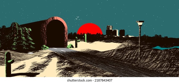 Made With Blender, Drawing Sketch Night Tunnel Old Train Vintage 3D Render Desert City Far Away Travel Emotion Street