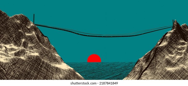 Made and Blender  suspended bridge over the sea at sun set rise 3D render sketch hand drawing old vintage illustration