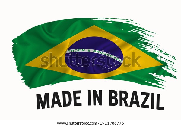 Made in\
Brazil handwritten vintage ribbon flag, brush stroke, typography\
lettering logo label banner on white\
background.