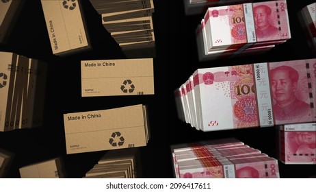 Made in China China box line with Renminbi bundle stacks. Export, trade, delivery, production, shipping, business and import from PRC. Abstract concept 3d illustration.