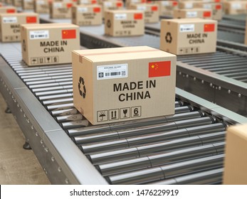 Made in China. Cardboard boxes with text made in China and chinese flag on the roller conveyor. 3d illustration