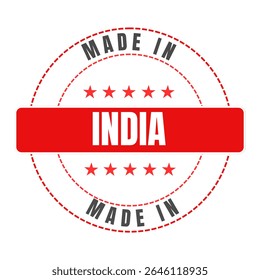 Made in India, red vector graphic. Round rubber stamp isolated on white background. 