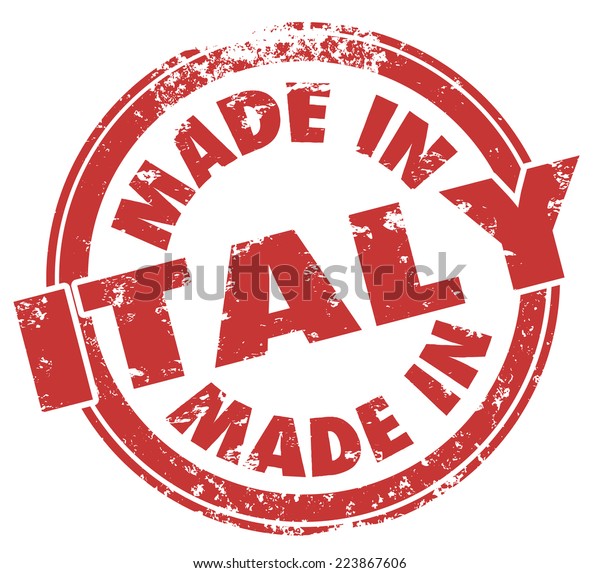 Made in Italy words on a round red stamp, badge or\
icon to illustrate pride in goods and products exported from the\
Italian country in\
Europe