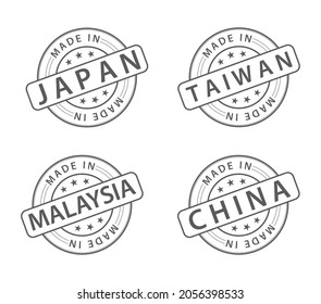 Made In Japan Malaysia China Taiwan Seal Stamp Template Icon Set