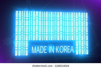 Made in Korea in bar code. Lines consist of words. Neon light illumination. 3D rendering
