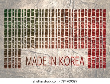 Made in Korea in bar code. Lines consist of words. Grunge texture
