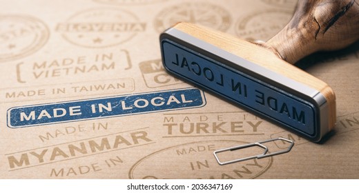 Made in local with name of other countries printed on brown paper background with rubber stamp. Short distribution channels concept. 3D illustration.