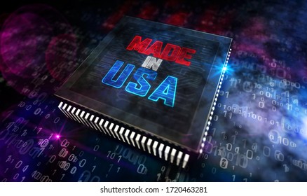 Made In USA. American Industry, Export And Innovation. Modern Technology In United States. CPU Production Line Abstract 3d Rendering Illustration. Processor Factory.