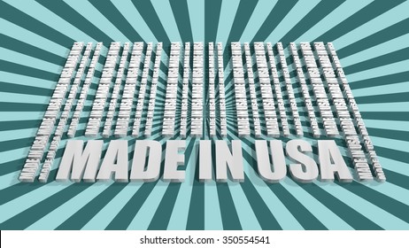 Made in USA in bar code. Lines consist of same words. Sun rays background