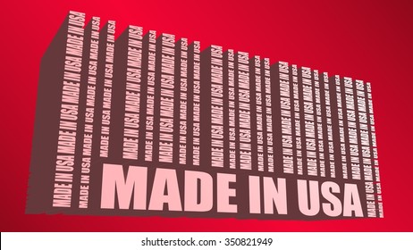 Made in USA in bar code. Lines consist of same words. Red background. 3D letters