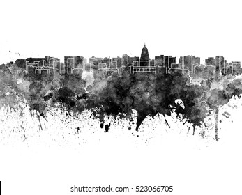 Madison skyline in black watercolor on white background
