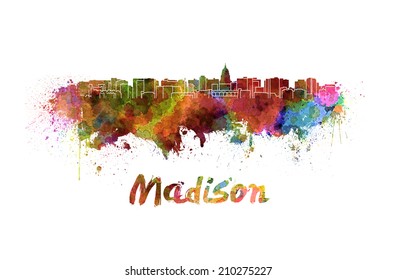 Madison skyline in watercolor splatters with clipping path