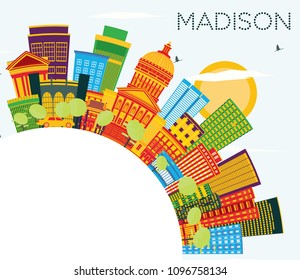Madison Wisconsin Skyline with Color Buildings, Blue Sky and Copy Space. Business Travel and Tourism Concept with Modern Buildings. Madison USA Cityscape with Landmarks.