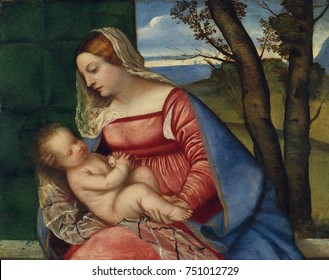 MADONNA AND CHILD, by Titian, 1508, Italian Renaissance painting, oil on canvas. The Madonnas natural posture suggests a tender rapport between the mother and child