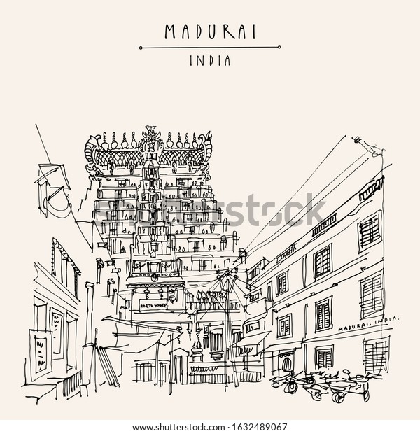 Madurai,
Tamil Nadu, South India. Meenakshi temple, North tower (gopuram).
Hindu temple, sacred place. Artistic hand drawing. Asian travel
sketch. Vintage hand drawn postcard,
poster