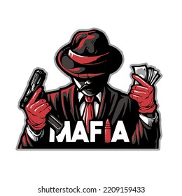 Mafia Gangster In Hat With Gun And Money, Logo, Cartoon, Mascot, Character, Illustration