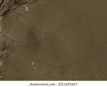 Mafraq, province of Jordan. Elevation map colored in sepia tones with lakes and rivers