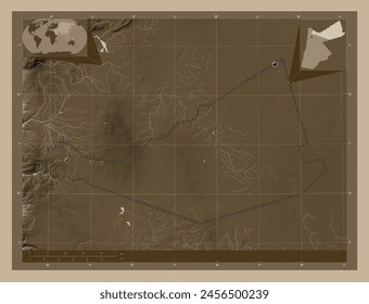 Mafraq, province of Jordan. Elevation map colored in sepia tones with lakes and rivers. Locations of major cities of the region. Corner auxiliary location maps