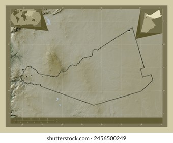 Mafraq, province of Jordan. Elevation map colored in wiki style with lakes and rivers. Locations of major cities of the region. Corner auxiliary location maps