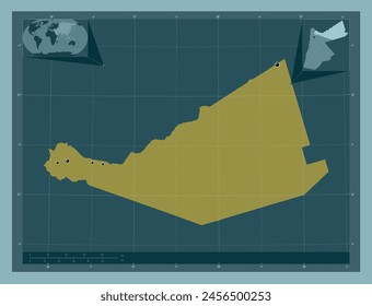 Mafraq, province of Jordan. Solid color shape. Locations of major cities of the region. Corner auxiliary location maps