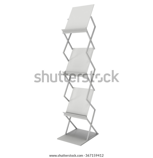 Magazine Rack. Trade show\
booth brochure display stand for magazines white and blank. 3d\
render isolated on white background. High Resolution. Ad template\
for your\
design.