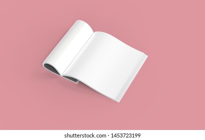 Magazine with rolled white paper pages isolated on pink peach background. blank book, catalogue or brochure with folded sheets mock up. 3d illustration
