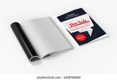 Magazine with rolled white paper pages isolated on white background. blank book, catalogue or brochure with folded sheets mock up. 3d illustration