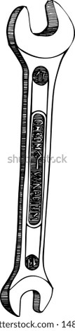 mage of open-end wrench made using the hatch technique. Old open-end wrench.