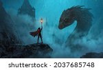 Mage woman summoning a giant creature - 3D illustration