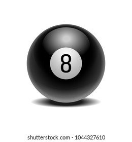 The magic ball of predictions for decision-making. Realistic black Ball with number Eight isolated on a white background.