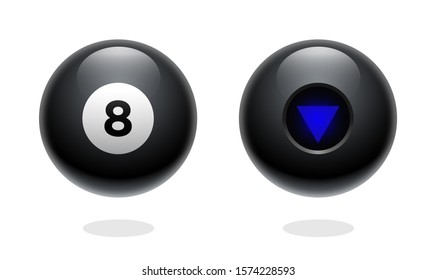 Magic ball of predictions for decision-making. Realistic black sphere. Magic 8 ball set. Eight ball. Glossy shiny ball with number 8. Billiard game. Realistic illustration. Transparent background.