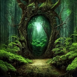 Magic Beautiful Landscape With Portal In Mystic Fairy Tale Forest. Gate To Parallel Fantasy World. Passage To Surreal Unreal Mystic Land. 3D Illustration.