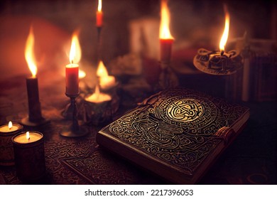 Magic Book With Sigil Symbol On The Cover And With Candles In The Background. Spell Book With Super Powers On Dark Background. 3d Render