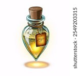 Magic bottle with glowing potion, on a white background, digital illustration. Suitable for Halloween cards, New Year, mystical attributes, printing