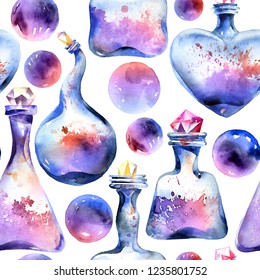 Magic bottles, alchemical equipment, white background, hand drawn watercolor painting, seamless pattern