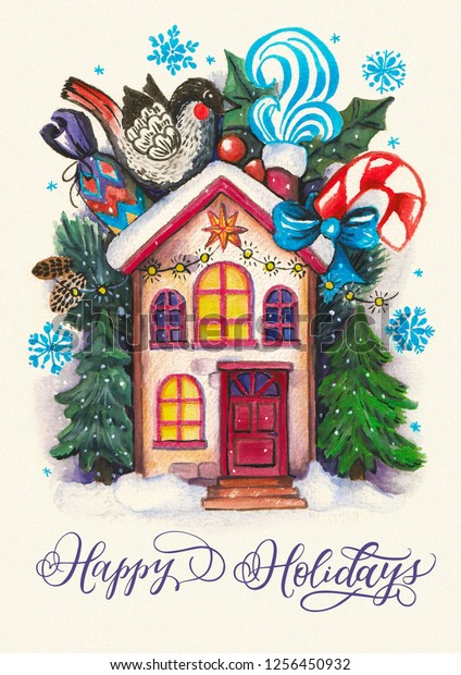 Magic Cabin Greeting Card Template Watercolor Stock Illustration