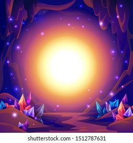 Magic Cave. Fairy Landscape Of A Cave With Crystals And Mystery Lights. Fantasy Background. Illustration