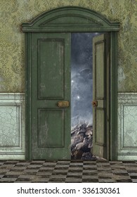 Magic door with galaxy and stars outside 