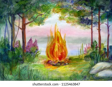 Magic Fire In The Woods At Sunset Watercolor