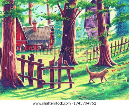 Magic forest landscape with fantasy houses, green trees, animals, cat  by watercolor and colorful pencils. Hand drawn nature illustration, outdoors garden painting art, beautiful park drawing.