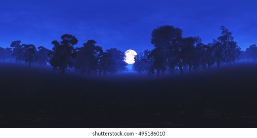 Magic Forest At Night Under Fullmoon VR360 3D Illustration