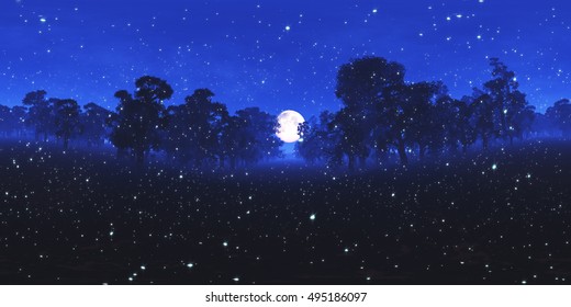 Magic Forest At Night Under Fullmoon With Fireflies VR360 3D Illustration