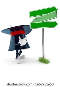 Magic hat character with blank signpost isolated on white background. 3d illustration