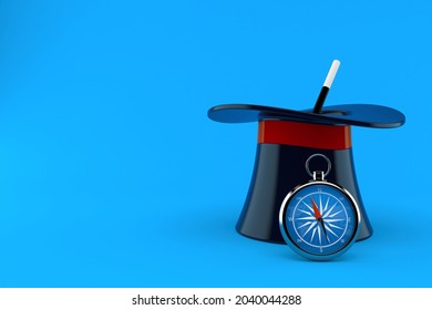 Magic Hat With Compass Isolated On Blue Background. 3d Illustration