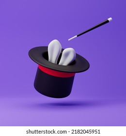 Magic hat with red ribbon, magic wand stick and rabbit ears isolated over purple background. 3d rendering.