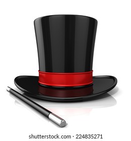 Magic hat and wand, 3D render isolated on white background. Front view